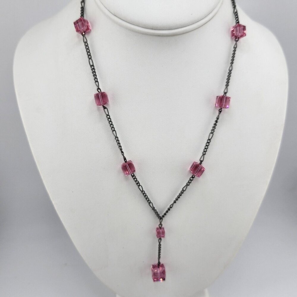 Gunmetal Black And Pink Glass Cubes Necklace Y Drop
